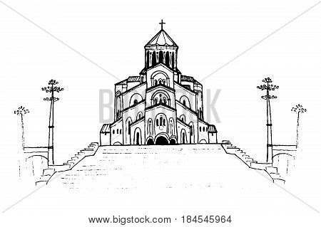 Holy Trinity Cathedral in Tbilisi, Georgia. Hand-drawn sketch