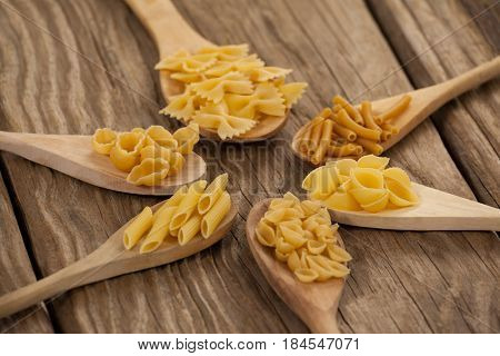 Spoons filled with varieties of pasta on wooden background
