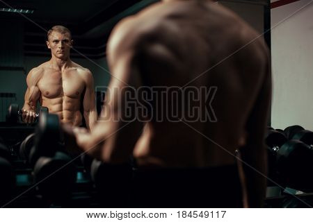 Muscular male bodybuilder working out in gym, exercising biceps
