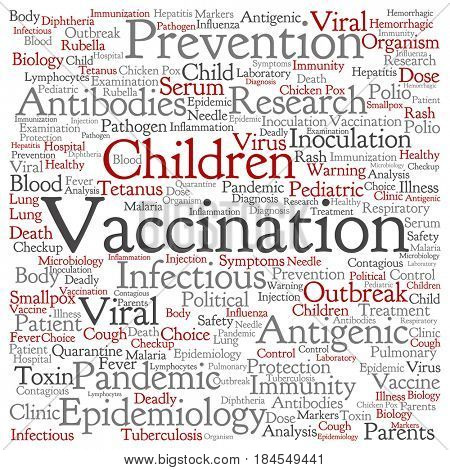 Concept or conceptual red children vaccination viral prevention square word cloud isolated background. Collage of infectious antigenic flu antibodies, epidemiology immunization or inoculation text