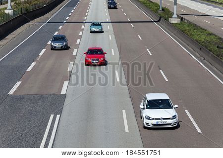 Frankfurt Germany - March 30 2017: Traffic on the autobahn A5 - highway number 5 - near the city of Frankfurt Main Germany