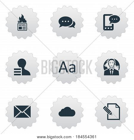 Vector Illustration Set Of Simple Blogging Icons. Elements Overcast, E-Letter, International Businessman And Other Synonyms Cloud, Argument And Hot.