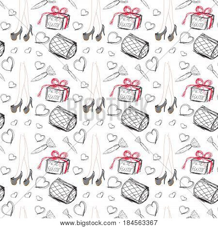 cosmetic bag and perfume on a white background, seamless pattern about women, fashion illustration