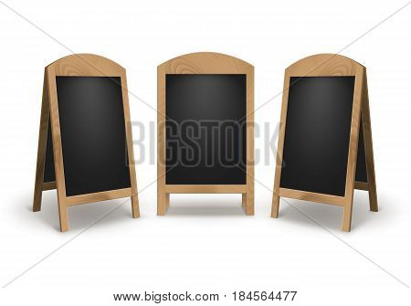 Vector Set of Wooden Empty Blank Advertising Street Sandwich Stands Sidewalk Signs Black Menu Boards Isolated on White Background