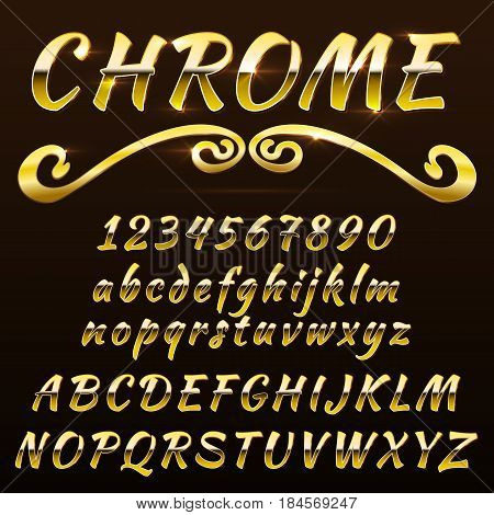 Chrome shiny retro, vintage font, typeface, mado of metal or steel.