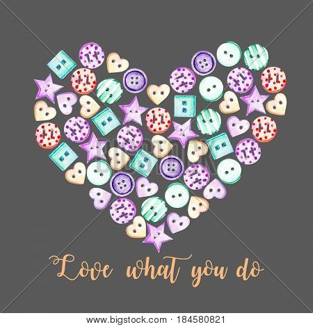 Heart illustration with watercolor colored buttons, hand drawn isolated on a darkbackground