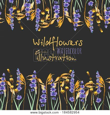 Frame border with wildflowers, dryflowers and lavender, hand drawn in watercolor on a dark background, for invitation, card decoration and other works, wedding design, greeting card
