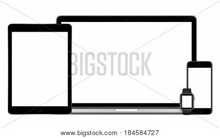Varna Bulgaria - March 10 2016: Apple multi devices mockup set comprising MacBook Pro black iPad Pro Space Gray iPhone 6S and Apple Watch front view. Isolated on white background.
