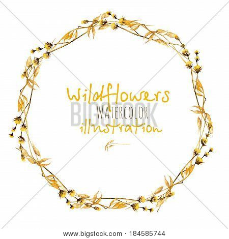 Wreath, circle frame border with yellow dry wildflowers hand drawn in watercolor on a white background
