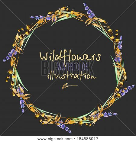 Wreath, circle frame border with yellow dry wildflowers and lavender flowers hand drawn in watercolor on a dark background