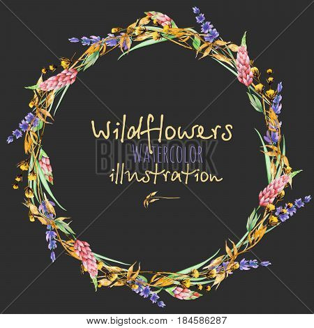 Wreath, circle frame border with yellow dry wildflowers, lupine and lavender flowers, hand drawn in watercolor on a dark background