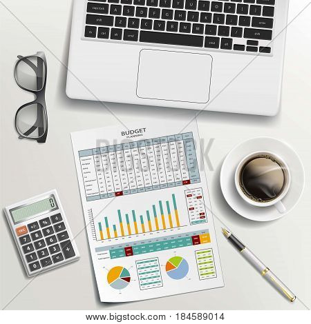 Documents coffee and laptop on the desk. Paper work on budget planning. Stock vector illustration. Workplace of a businessman.