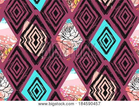 Hand drawn vector abstract freehand textured collage seamless pattern with spring flowers mottif in pastel color isolated on colored background.Wedding, save the date, birthday, fashion fabric, decoration