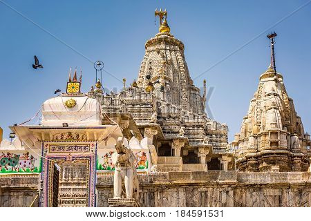 Tall roof of Hindu Temple Udaipur India.