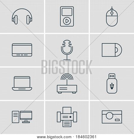 Vector Illustration Of 12 Device Icons. Editable Pack Of PC, Usb Card, Dvd Drive And Other Elements.