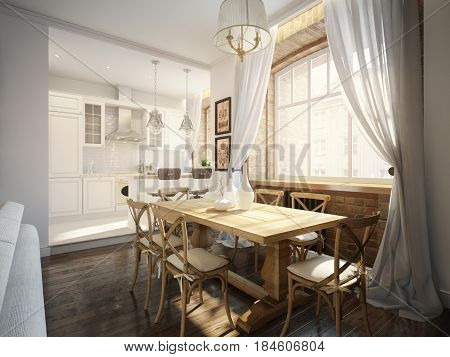 Modern Classic Traditional Dining room and White Kitchen In Old Vintage Apartment with Brick Walls. 3d render