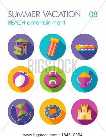 Beach entertainment vector flat icon set. Summer time. Vacation