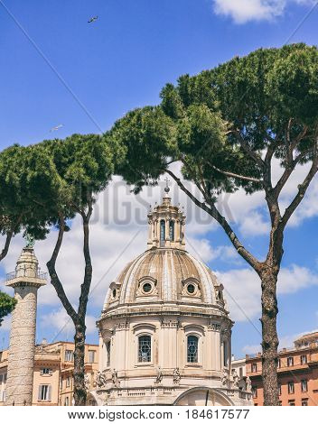 Rome, Italy -  Santa Maria Di Loreto Church And Stone Pines