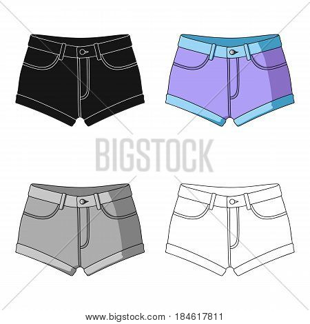 Short purple women's shorts with a blue rubber band. Shorts for sports in the summer on the street.Women clothing single icon in cartoon style vector symbol stock web illustration.