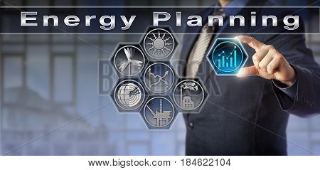 Blue chip power producer plugging trend chart icon into a virtual Energy Planning matrix. Industry and technology concept for energy saving sustainable development energy policy and climate change.
