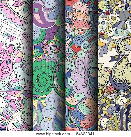 Set Of Tracery Colorful Seamless Patterns. Curved Doodling Backgrounds For Textile Or Printing With