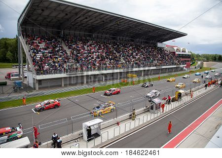 Moscow, Russia - 12 June 2016: world championship WTCC at the Moscow Raceway. Racing cars on the starting grid