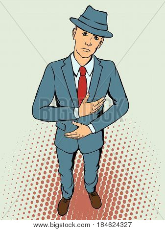 Young man in hat shows malaise. Retro style pop art. Vector illustration