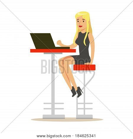 Beatuful blond woman sitting on a high chair and using laptop at high desk, colorful character vector Illustration isolated on a white background
