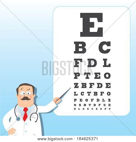 Funny man doctor optician in white coat with stethoscope, with pointer, on blue background with Snellen eye chart. Design template background