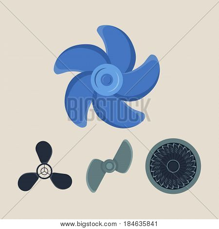 Turbines icon propeller fan rotation technology equipment blade wind ventilator generator vector illustration. Air blower electric industrial ventilators.