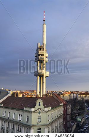 Prague Skyline With Zizkov Television Tower Transmitter