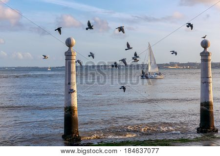 Cais das Colunas on the embankment of Lisbon near the commerce area.