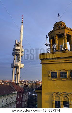 Prague Skyline With Zizkov Television Tower Transmitter