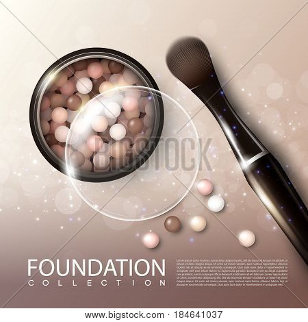 Realistic makeup products ads poster with cosmetic blusher in open case and brush vector illustration