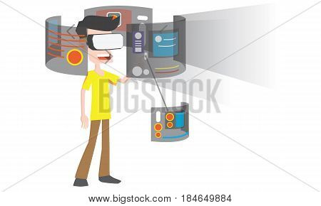 Illustration of man wearing virtual reality goggles. Technology innovation 360 degrees computer system concept.