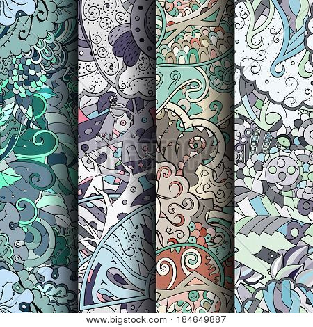 Set Of Tracery Colorful Seamless Patterns. Curved Doodling Backgrounds For Textile Or Printing With