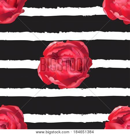 Striped print with realistic peony rose flowers. Seamless vector pattern with speckled backdrop.