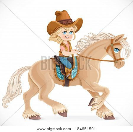 Cute Little Girl In A Cowboy Suit Riding A Horse Isolated On A White Background