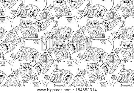 Big-eared owl. A seamless pattern in the handdrawn style. Black and white graphics Texture for scrapbooking, wrapping paper, textiles, web page, wallpapers, surface design, fashion