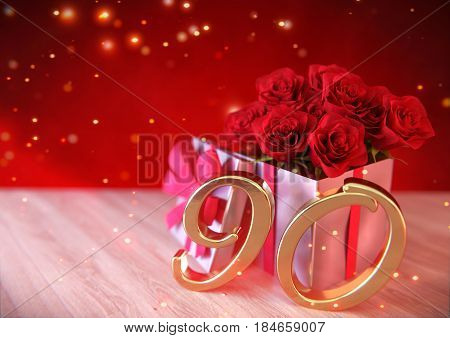 birthday concept with red roses in gift on wooden desk. 3D render - ninetieth birthday. 90th