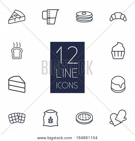 Set Of 12 Stove Outline Icons Set.Collection Of Measuring Cup, Croissant, Pizza And Other Elements.