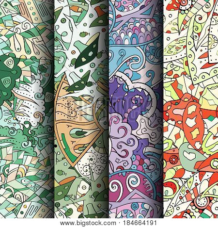 Set Of Tracery Colorful Seamless Patterns. Curved Doodling Backgrounds For Textile Or Printing With