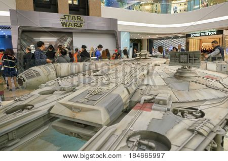 HONG KONG - CIRCA DECEMBER, 2015: Millennium Falcon at exhibition on second floor in Times Square