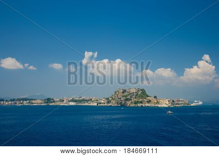 Hellenic temple and old castle at Corfu island Greece