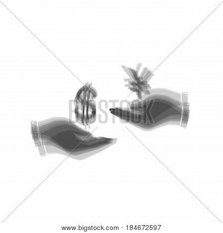 Currency exchange from hand to hand. Dollar and Yen. Vector. Gray icon shaked at white background.