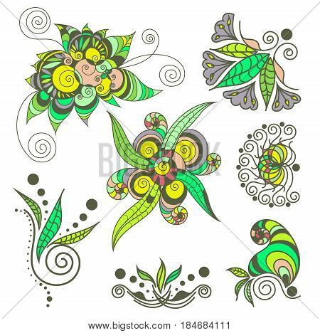 Vector abstract patterns of tattoo henna. Stock mehndi set for design on white background.