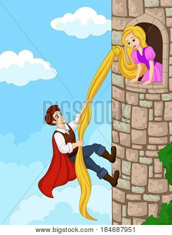 Vector illustration of Prince climbing tower using long hair