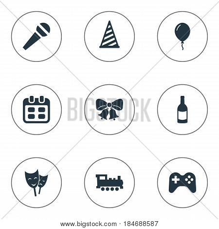 Vector Illustration Set Of Simple Holiday Icons. Elements Aerostat, Train, Mask And Other Synonyms Jingle, Bells And Schedule.
