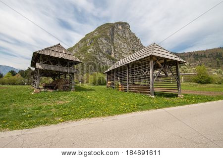 Traditional wooden double hayrack in small village of Studor near Bohinj in Slovenia during spring time