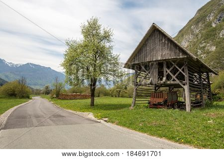 Traditional wooden double hayrack in small village of Studor near Bohinj in Slovenia during spring time